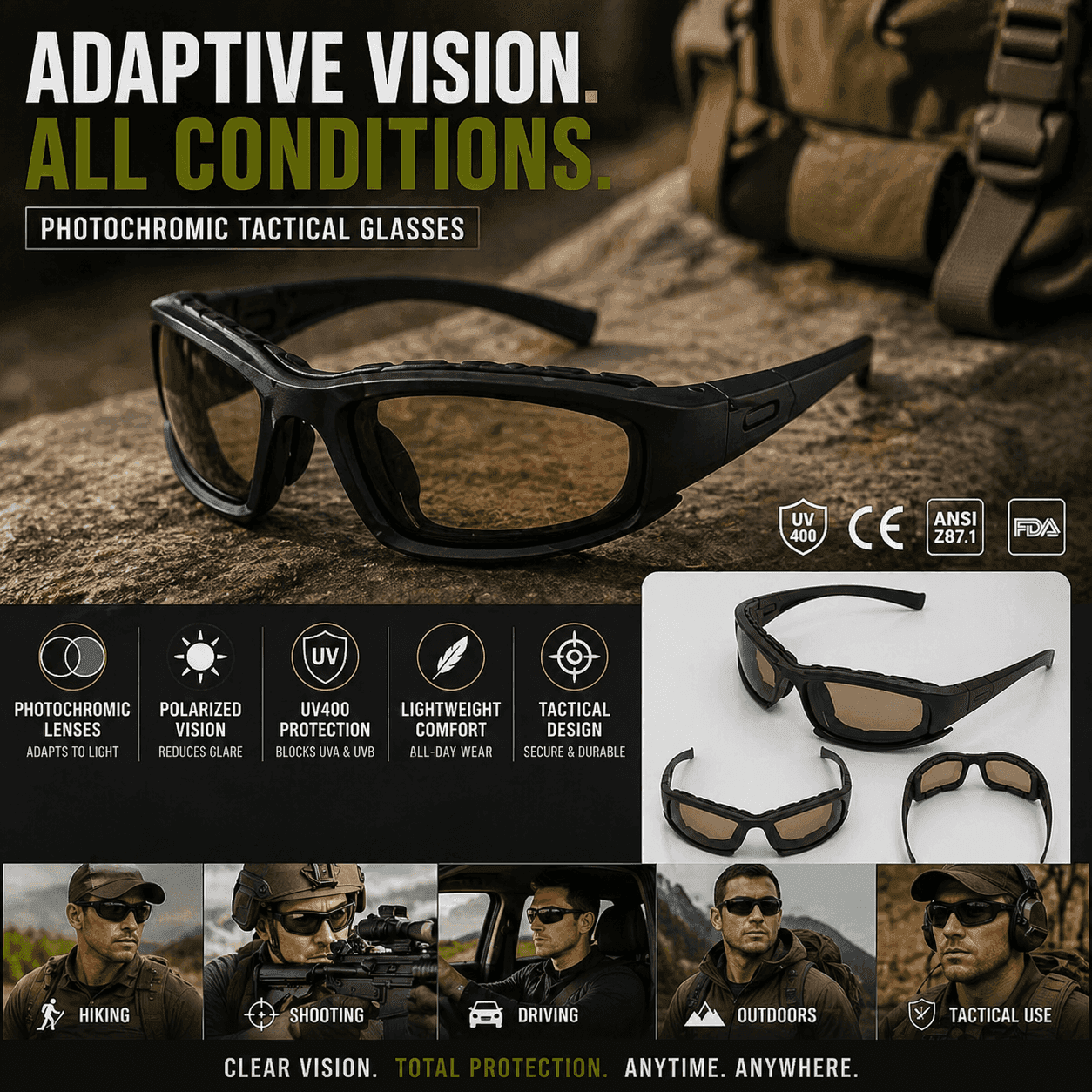 Photochromic polarized glasses for tactical use in all conditions