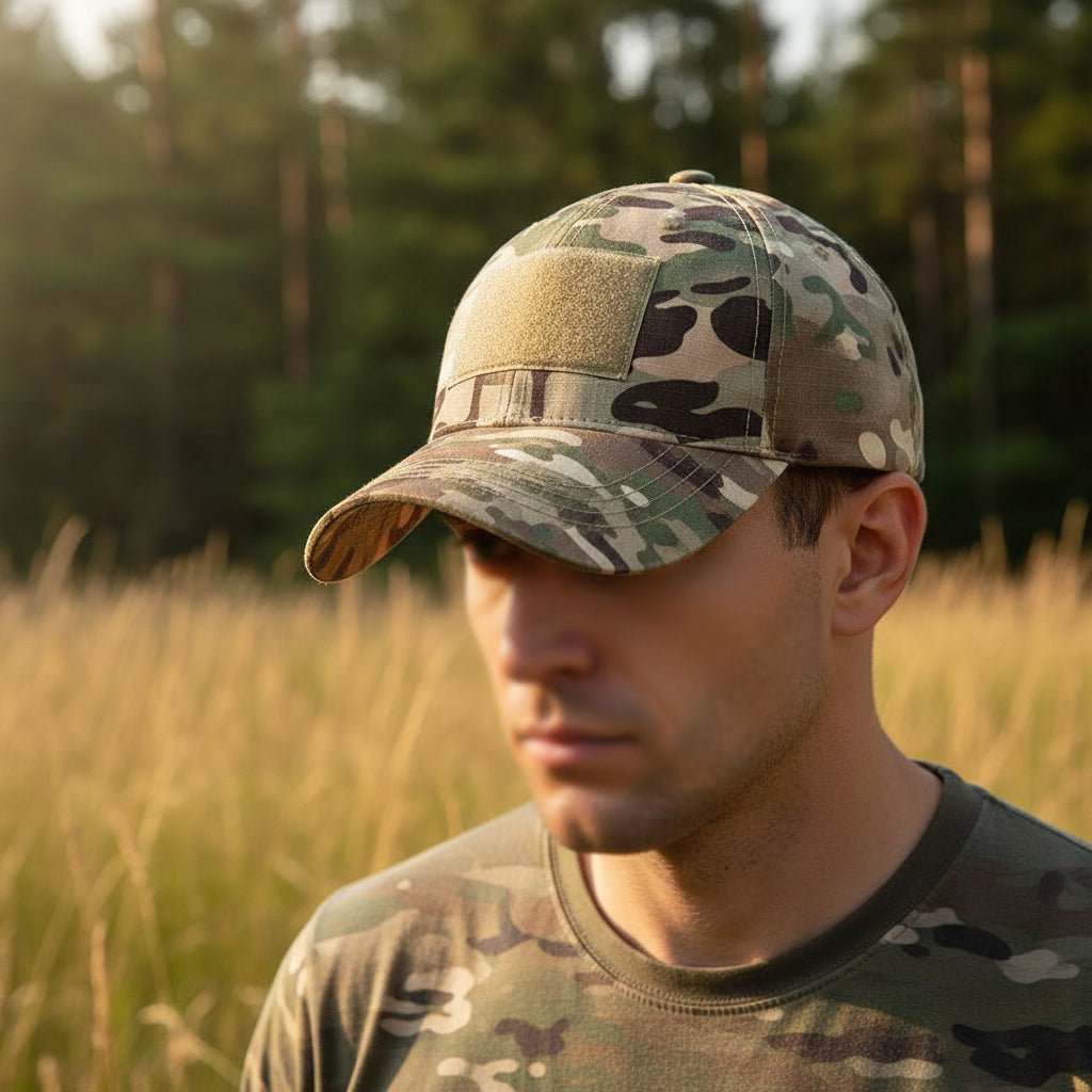 Adjustable camouflage outdoor baseball cap with hook-and-loop patch panel, breathable eyelets and back strap