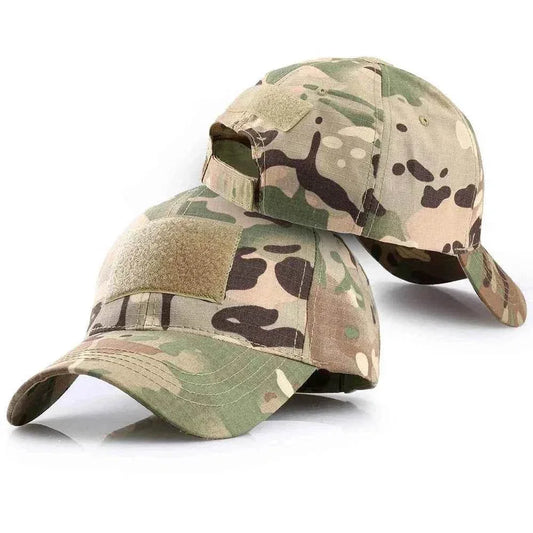 Adjustable camouflage outdoor baseball cap with hook-and-loop patch panel, breathable eyelets and back strap