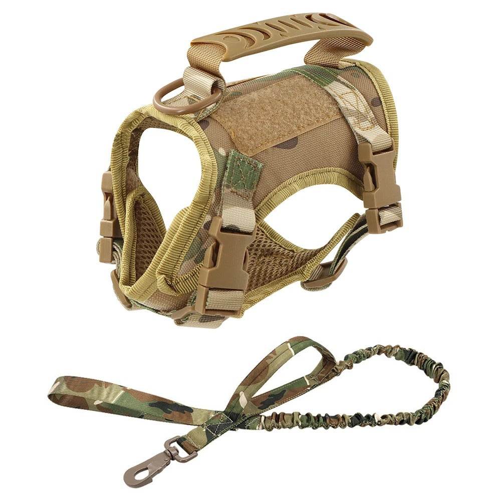 Adjustable kitten vest in camouflage with a padded handle and leash for outdoor use