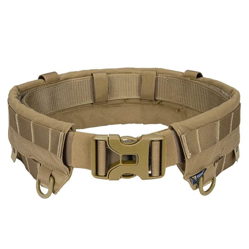 Tactical belt in tan with adjustable outdoor belt features for gear attachment