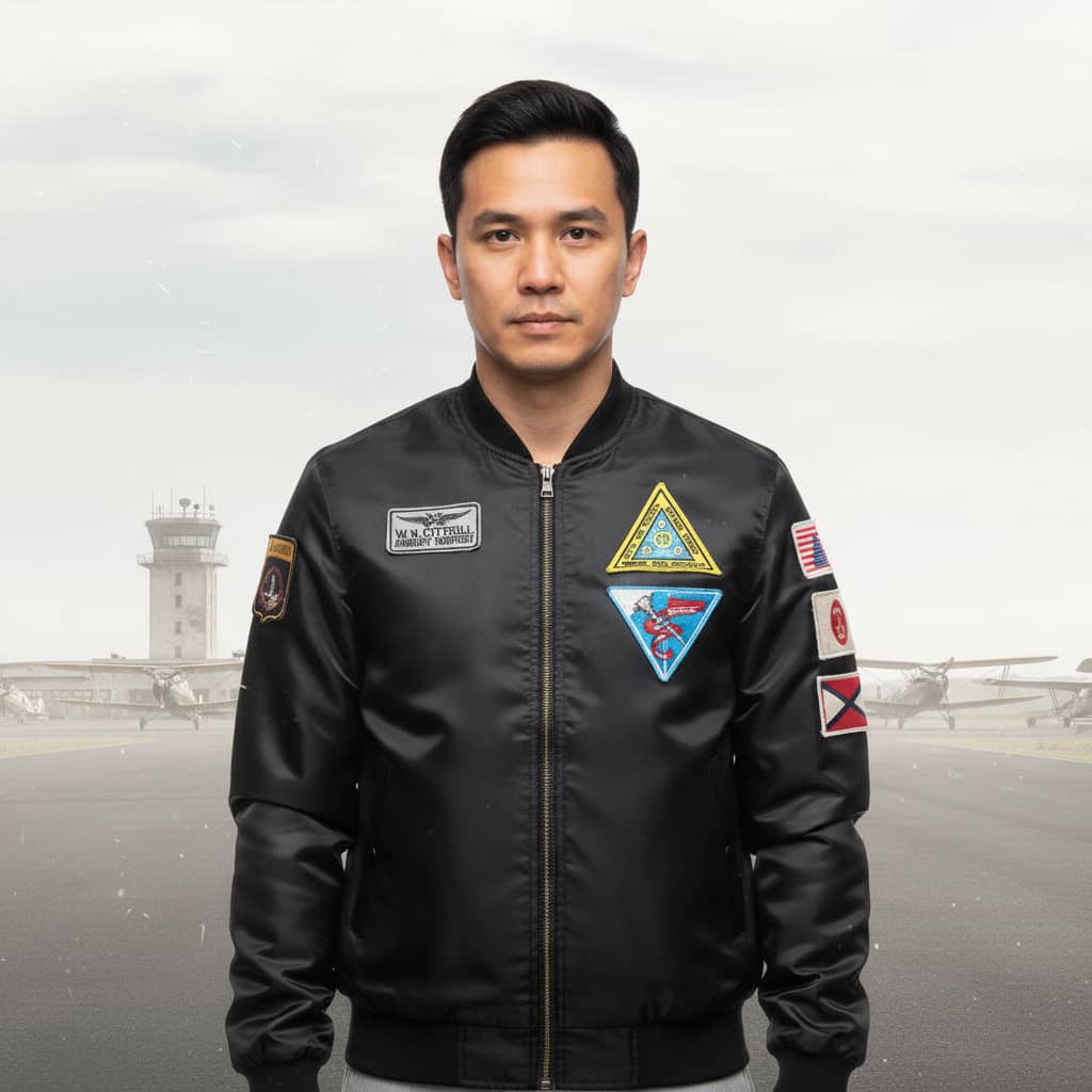 Bomber jacket with multiple military-style patches on the chest and sleeves