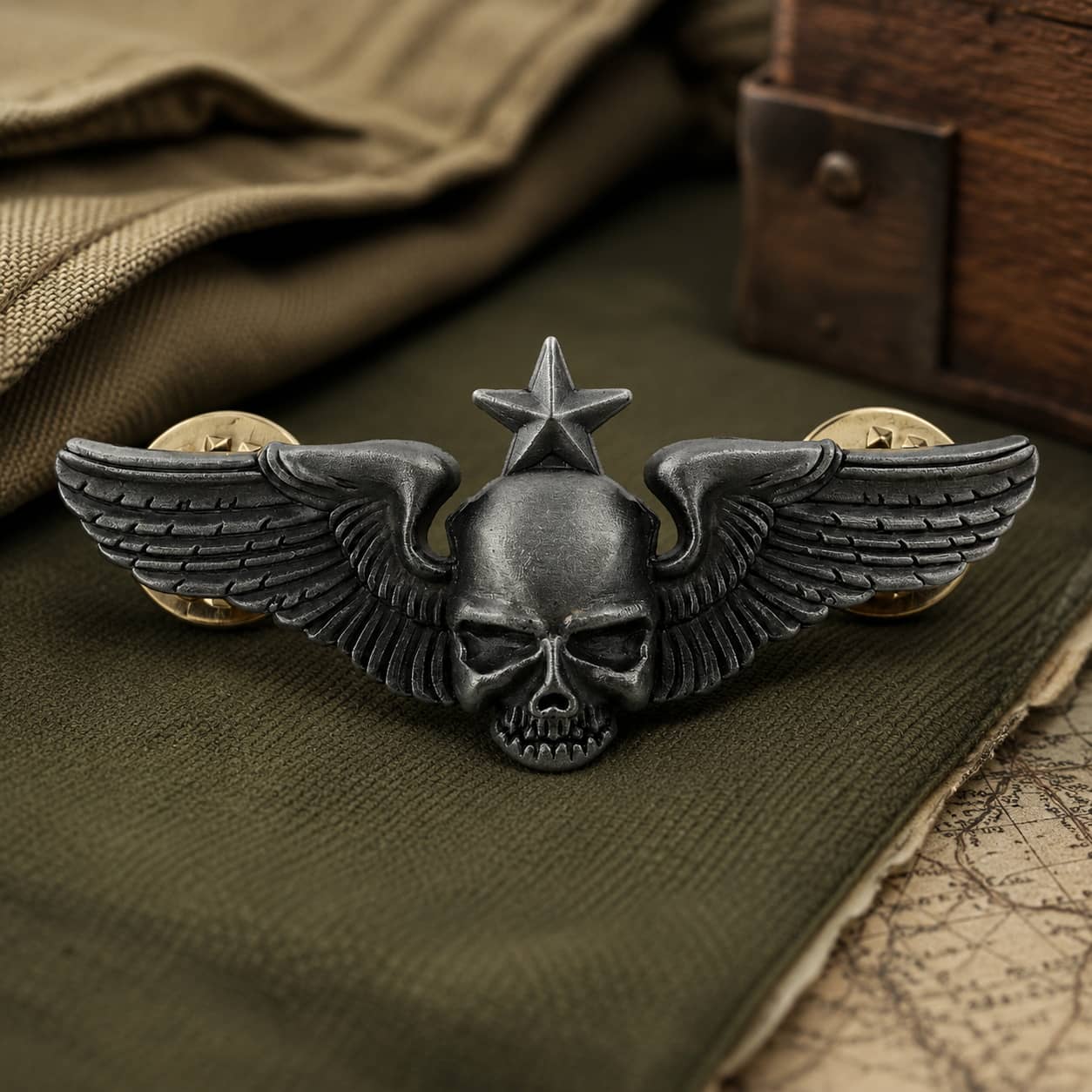 Airborne skull badge with wings and star, ideal for military enthusiasts