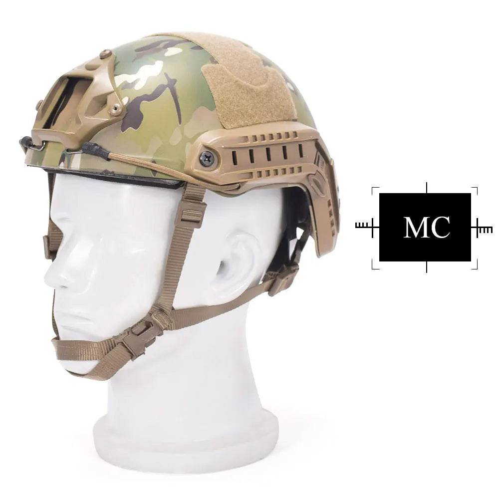 Camo airsoft helmet with adjustable chin strap for tactical use
