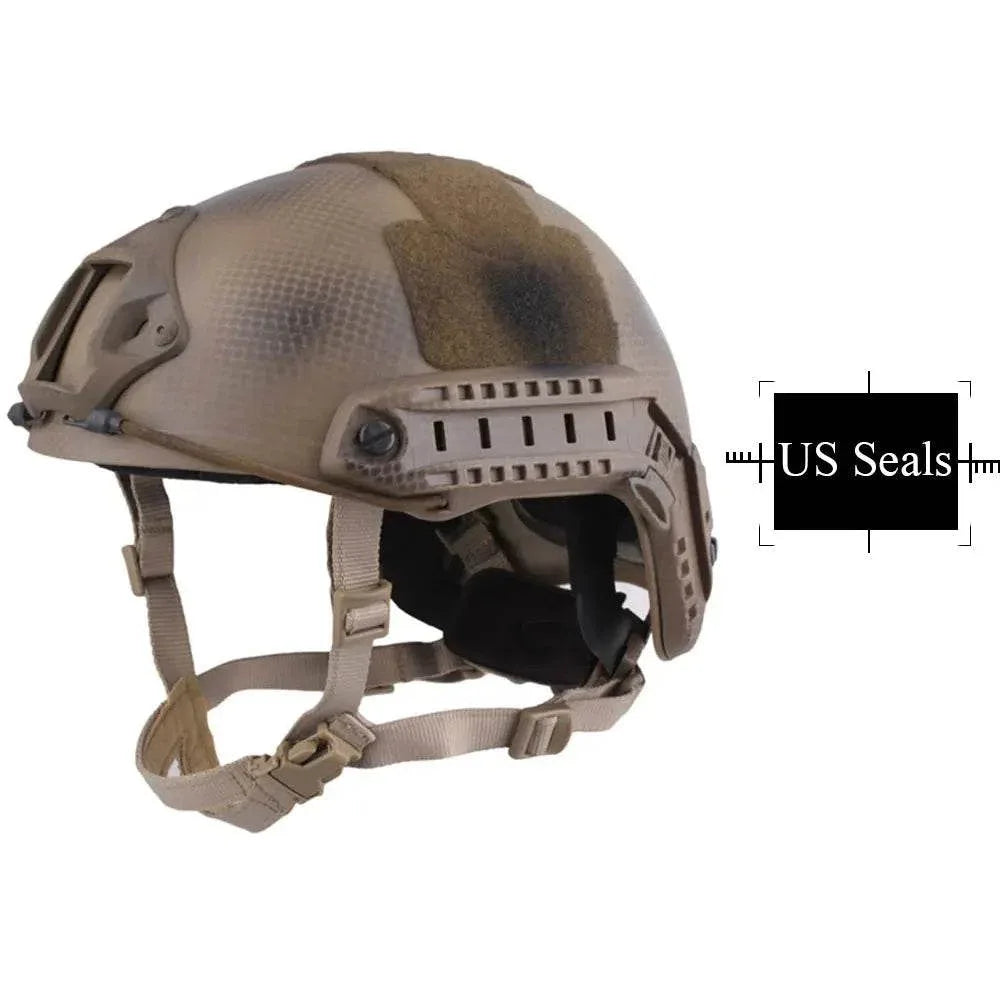 Tan airsoft helmet with adjustable straps for optimal head protection