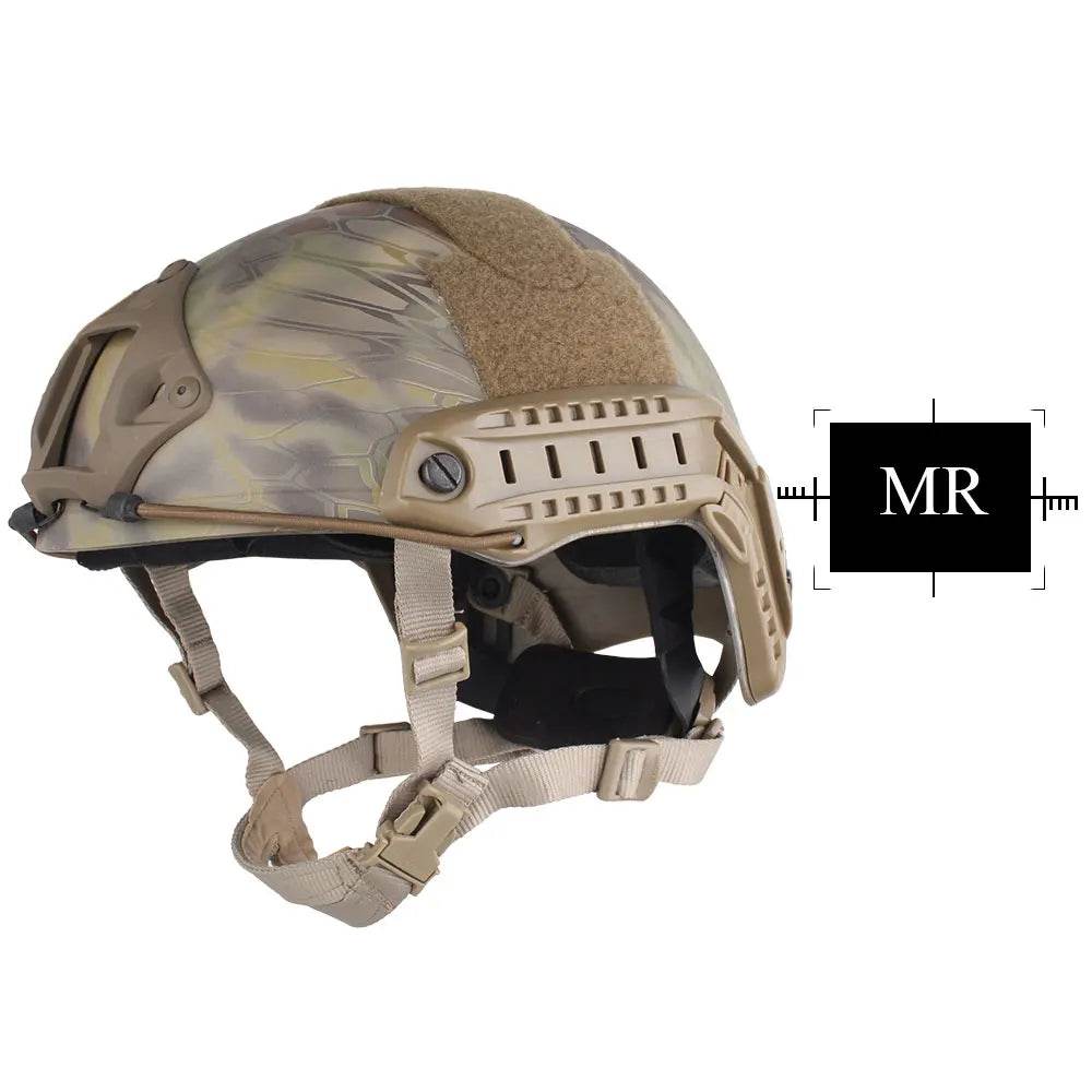 Tan airsoft helmet with adjustable straps for maximum protection