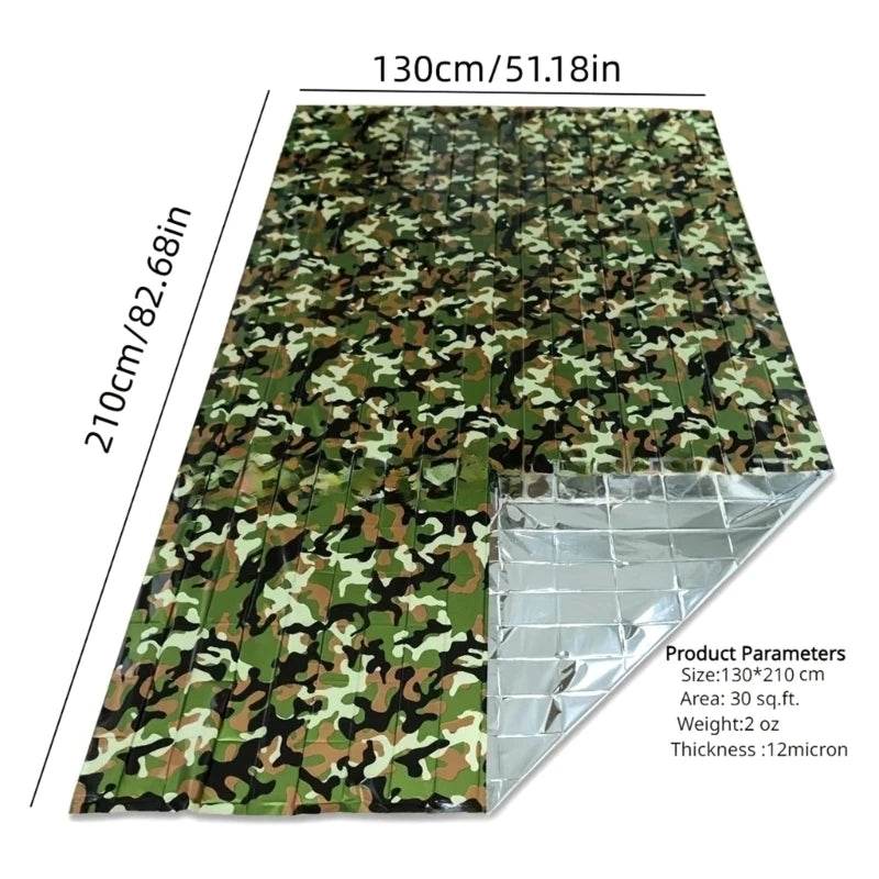 Aluminum survival blanket with camouflage pattern for outdoor emergencies