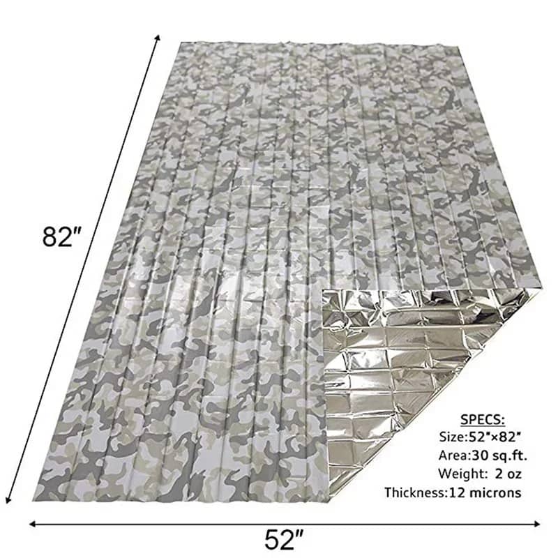 Aluminum survival blanket in camouflage design for outdoor emergencies