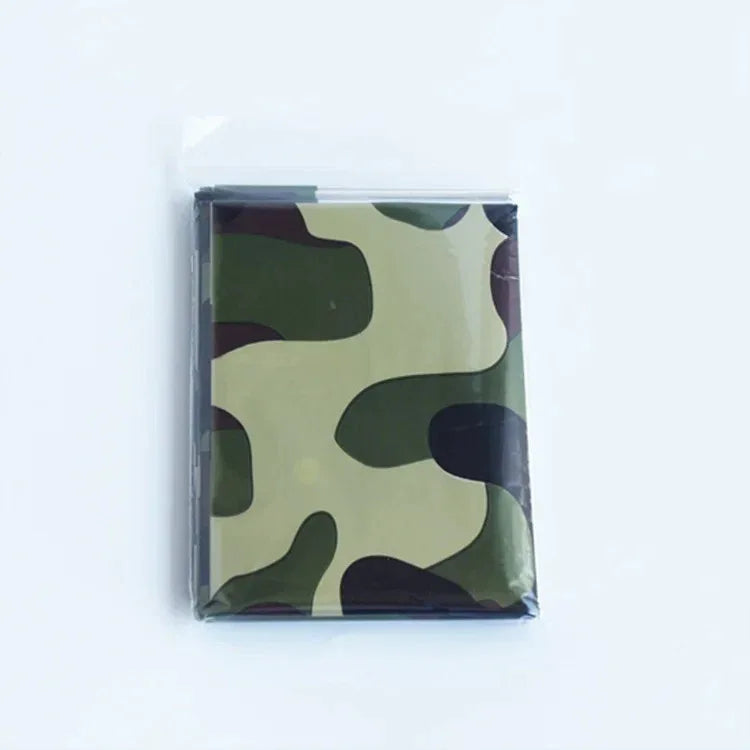 Camouflage patterned aluminum survival blanket for emergency situations