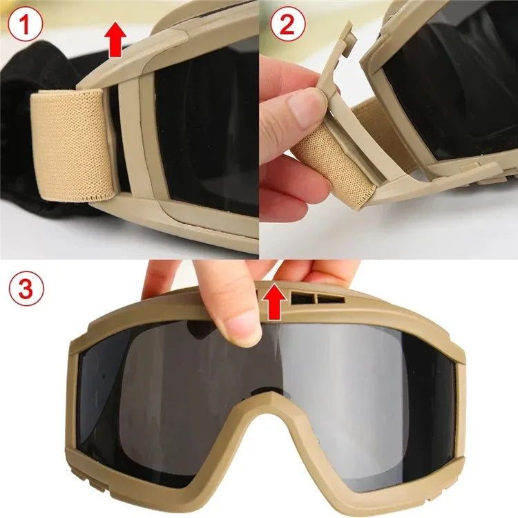 Anti-fog military eyewear with adjustable strap and durable frame for outdoor activities