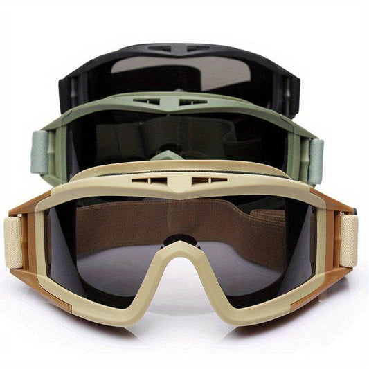 Three pairs of anti-fog military eyewear in black, green, and tan for outdoor protection