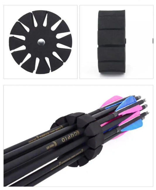 Black archery bow holder with arrows, black wheel component, and black strap on a white background.