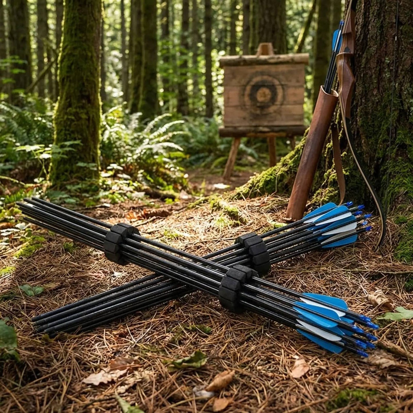 Military-Outdoors archery arrows holder with blue fletching for organized storage