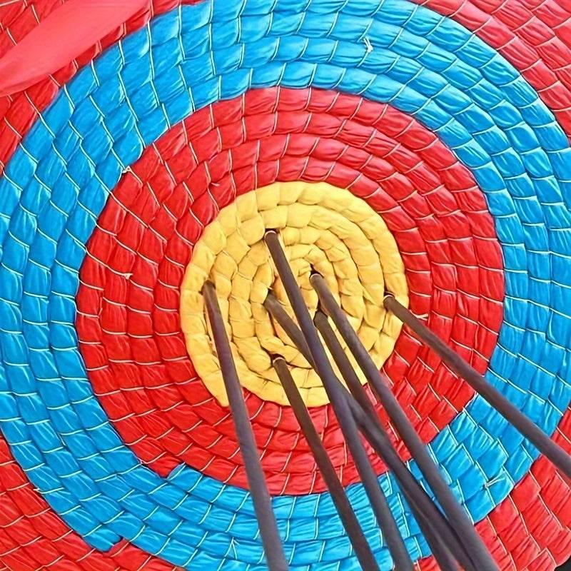 Woven grass archery target featuring colorful concentric circles for accurate shooting practice