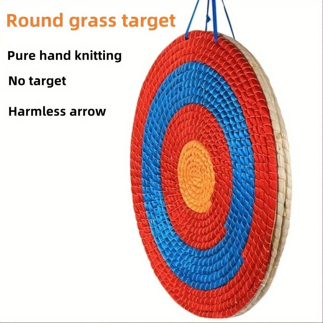 Woven grass archery target in round shape with vibrant red and blue colors for safe arrow practice
