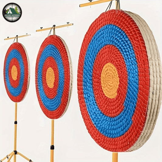Three woven grass archery targets with red, blue, and yellow bullseyes on display