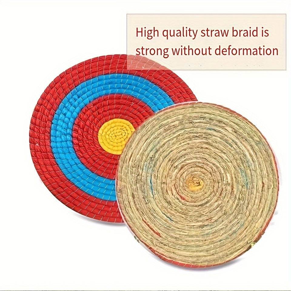 Woven grass archery target with colorful bullseye design and durable straw construction for precision shooting