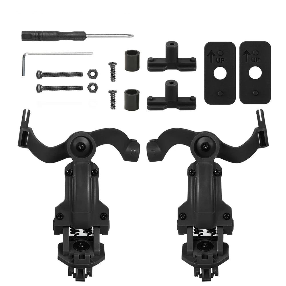 Black headset helmet rail adapter kit with mounting hardware, screwdriver and hex key