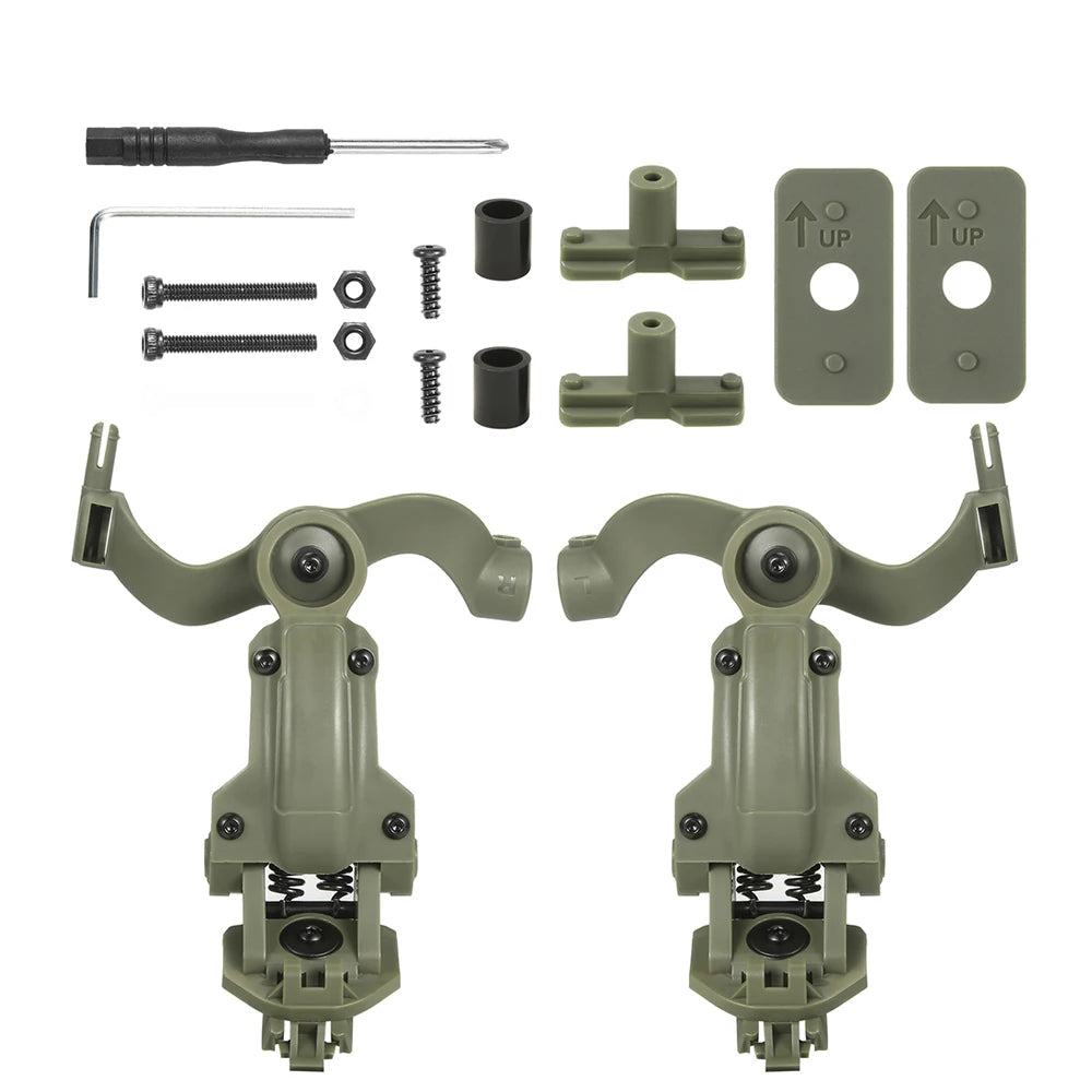 Green headset helmet rail adapter kit with mounting hardware, screwdriver and hex key
