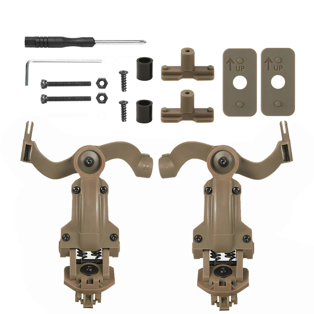 Tan rail helmet headset adapter kit with mounting hardware, screwdriver and hex key