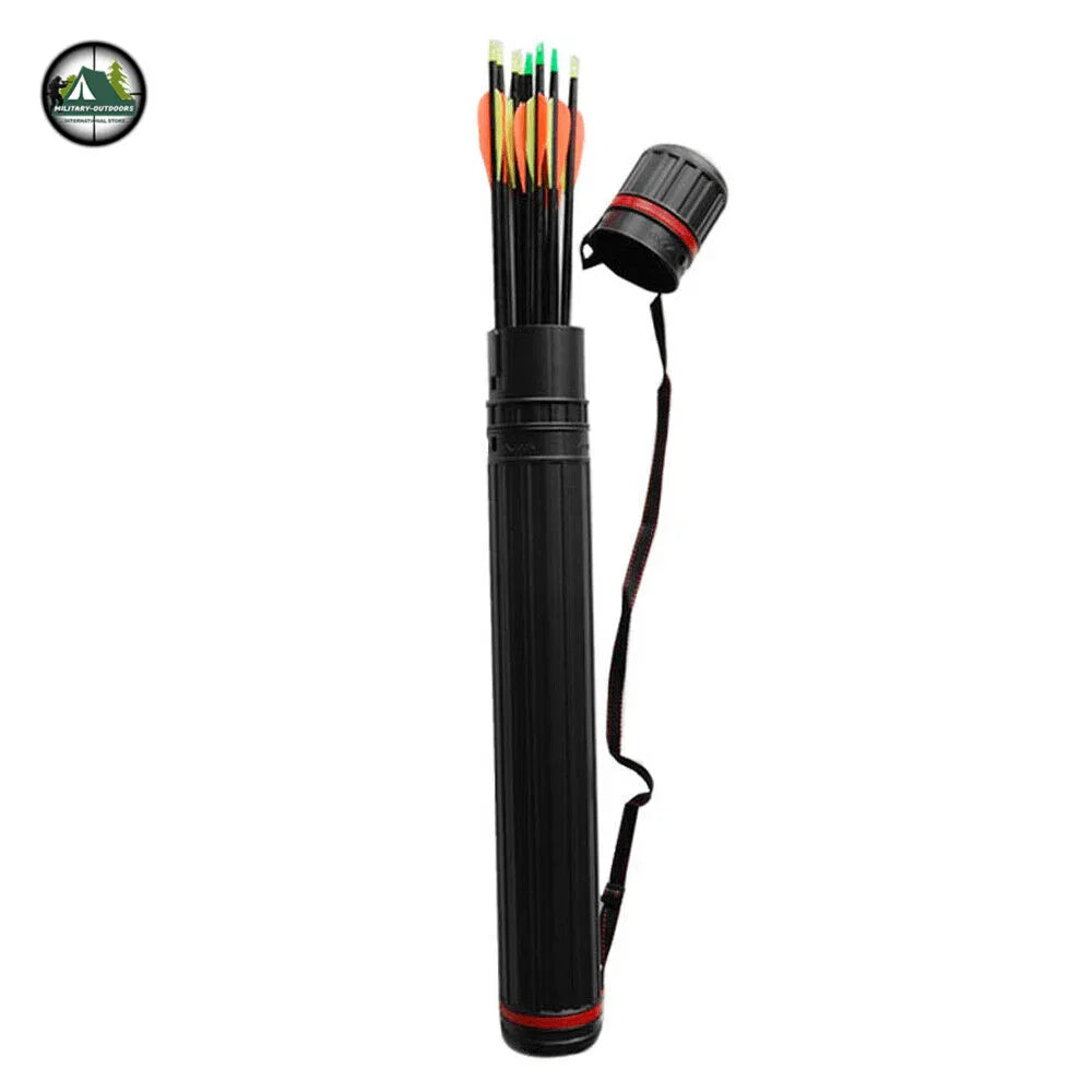 Black arrows tube for storing and transporting arrows securely with a protective cap