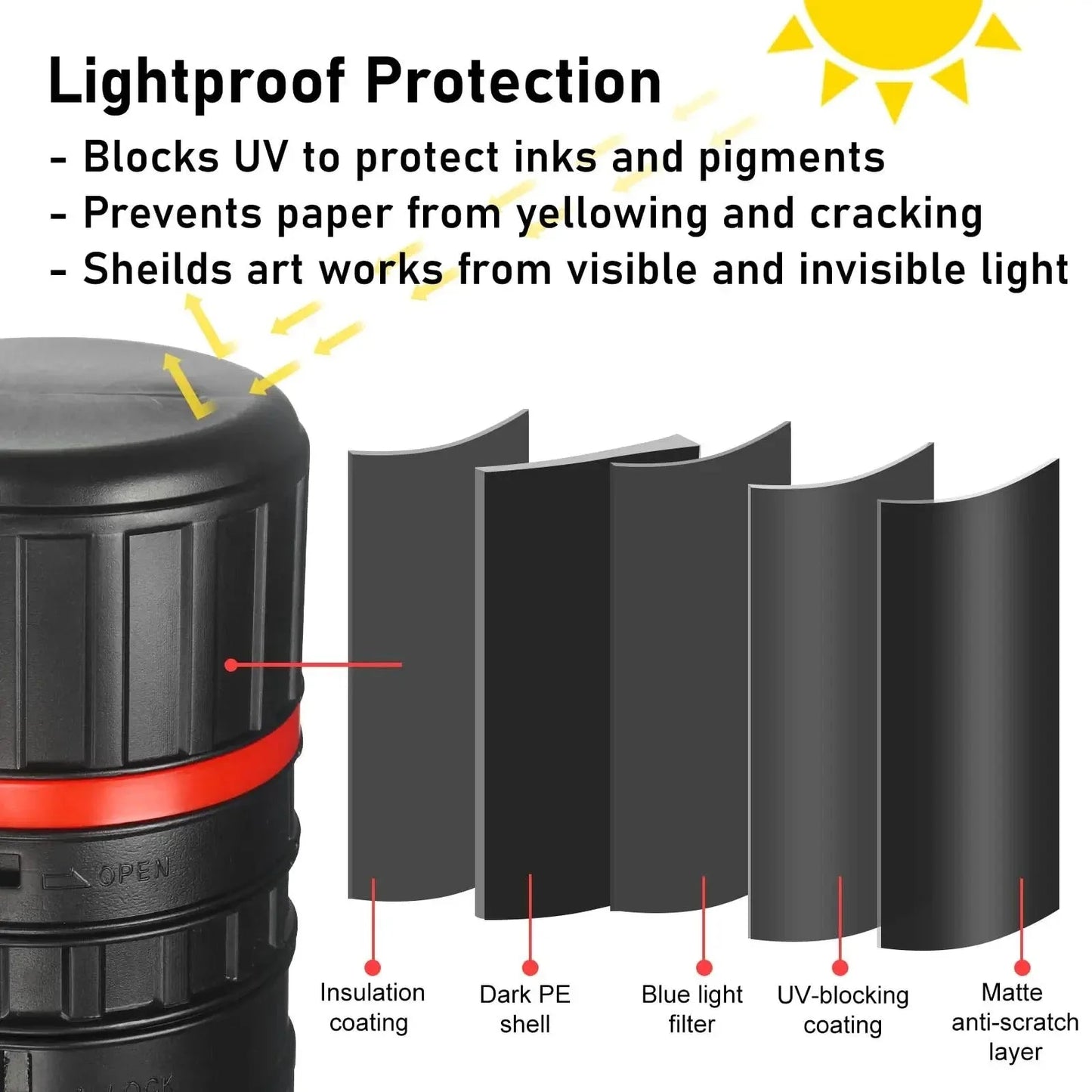 Bolt featuring arrows tube with lightproof protection against UV and visible light damage