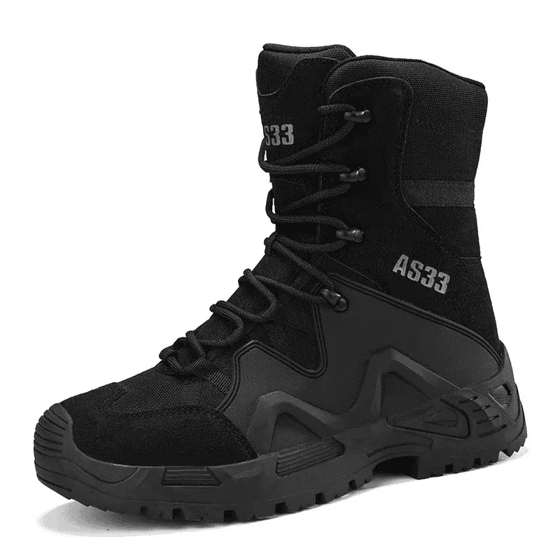 Black split leather boots designed for tactical use and outdoor activities