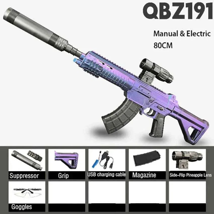 QBZ191 gel blaster toy in purple, manual and electric with accessories