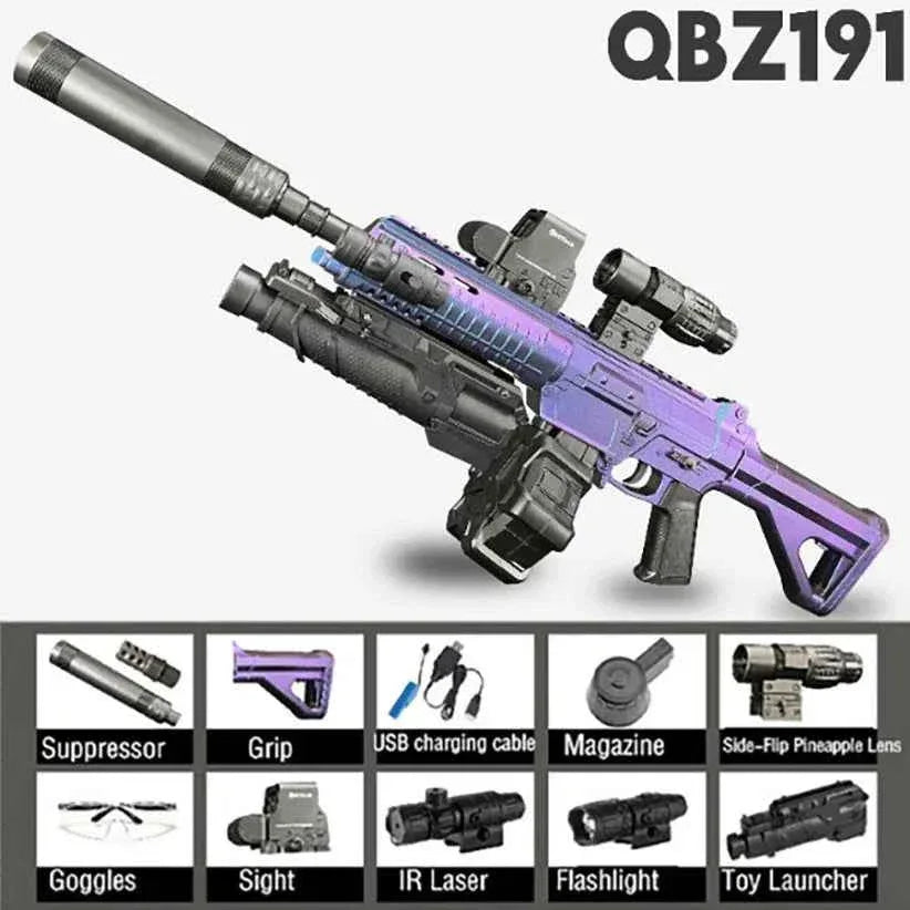 QBZ191 Gel Blaster Toy in purple with accessories for outdoor play