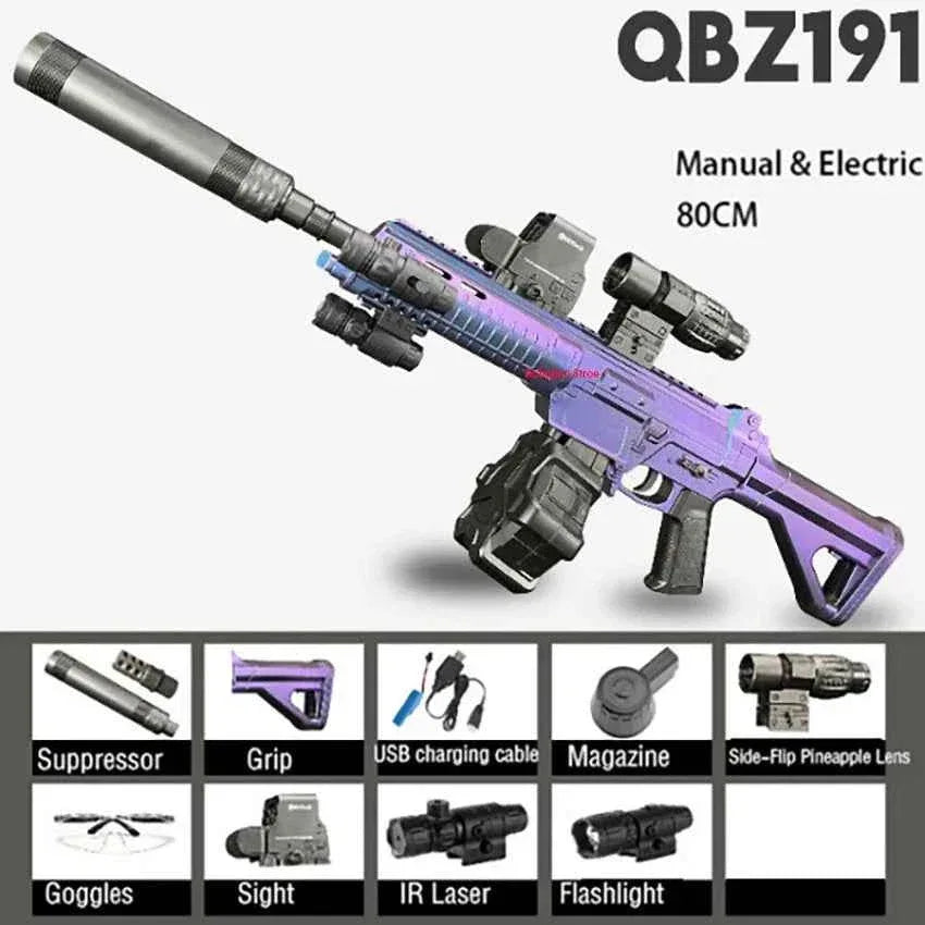 QBZ191 gel blaster toy in purple with manual and electric features for outdoor play
