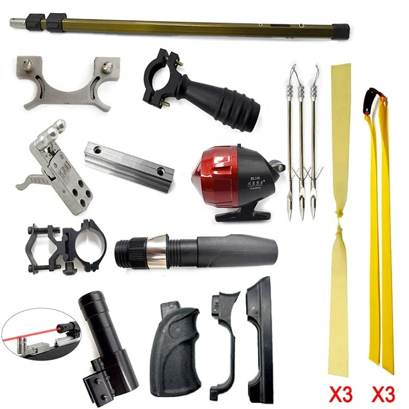 Automatic fish shooting slingshot components including shafts, mounts, and shooting accessories