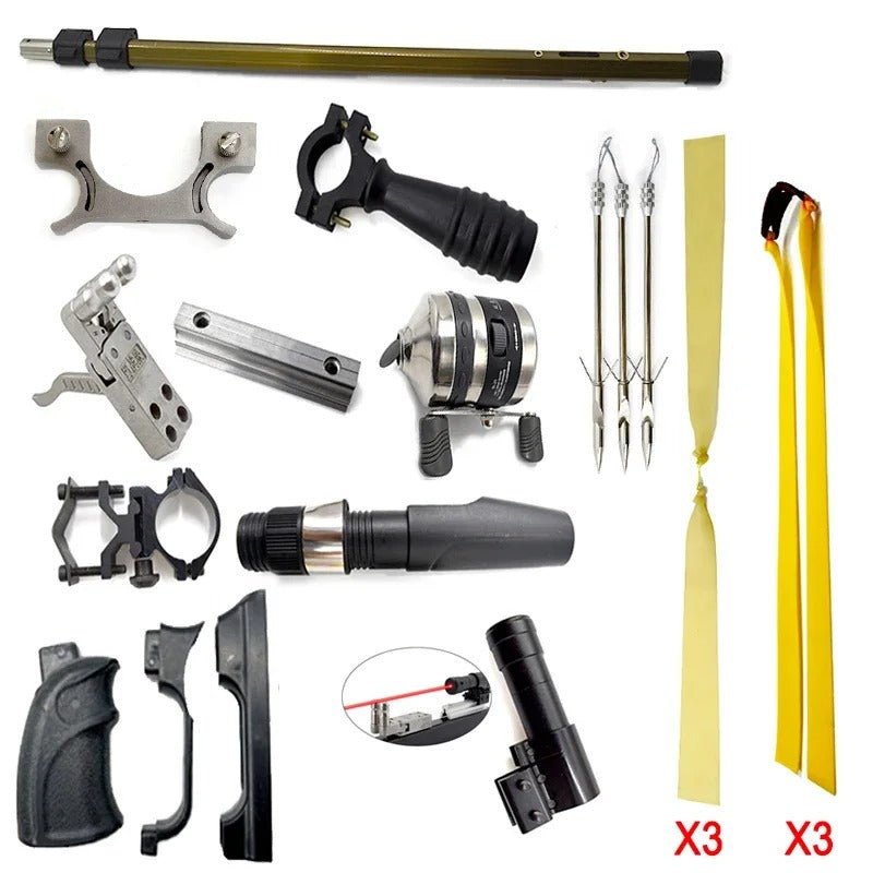 Parts and accessories for an automatic fish shooting slingshot including rods, grips, and reels