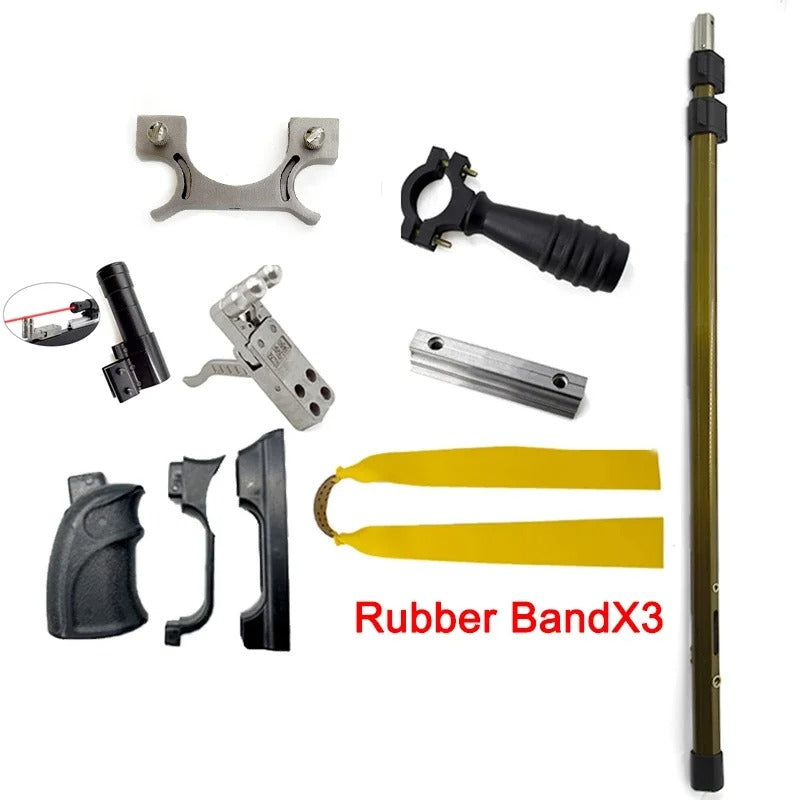 Complete automatic fish shooting slingshot kit with rubber bands and various parts for assembly