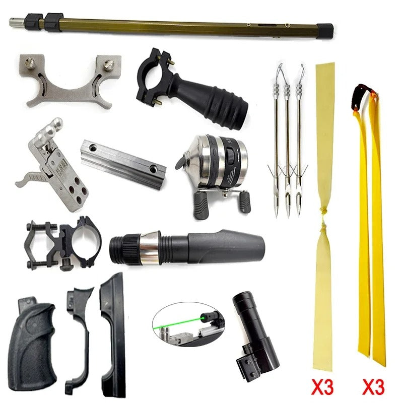 Complete set of automatic fish shooting slingshot components including handles, spears, and reels for fishing enthusiasts