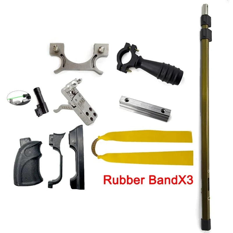 Parts of an automatic fish shooting slingshot including rubber bands, trigger mechanism, and handles