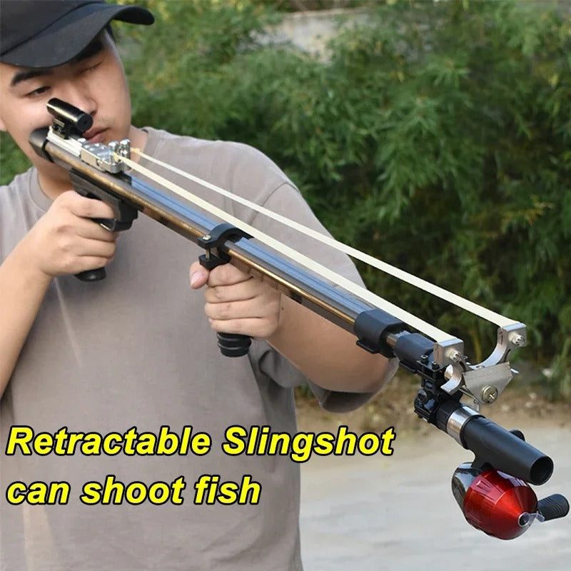 Man using an automatic fish shooting slingshot with a retractable design for easy fishing