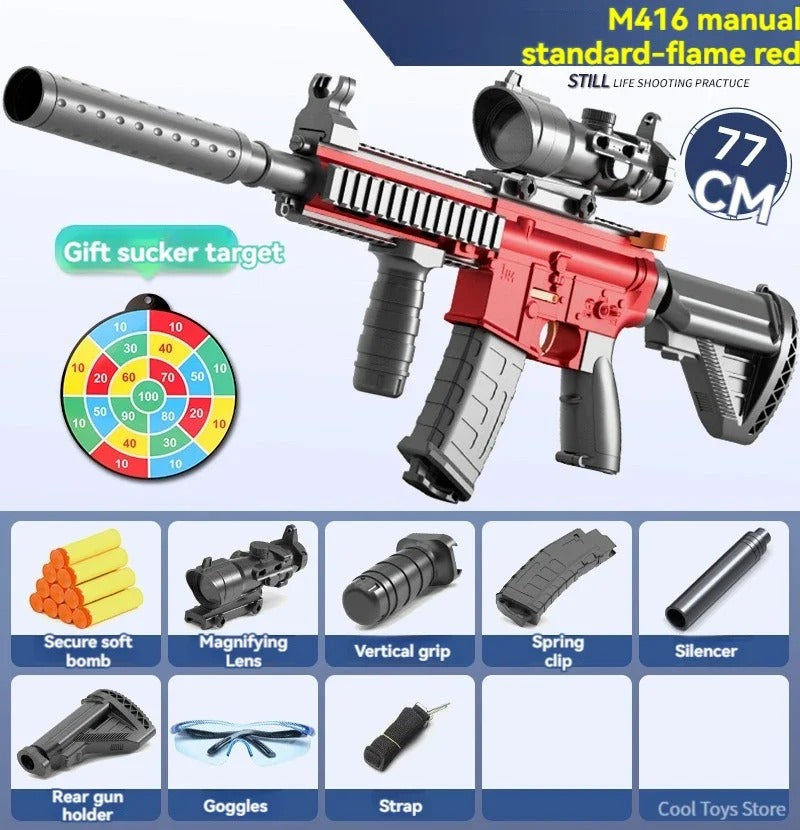 M416 automatic soft bullet gun with accessories including a scope and target for shooting practice