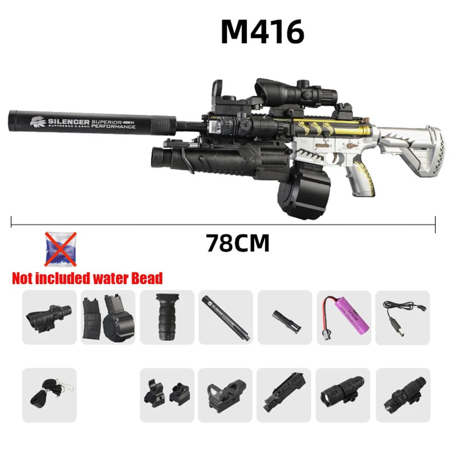 M416 automatic soft bullet gun with tactical scope and silencer for outdoor play and target shooting