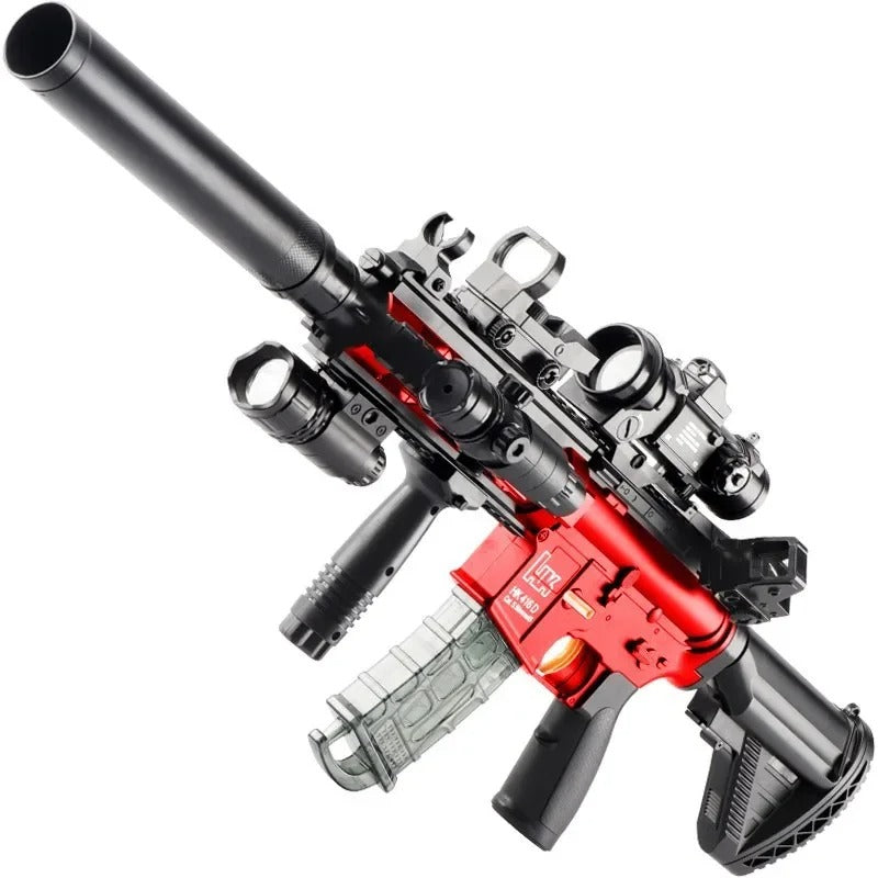 Automatic soft bullet gun with tactical design, adjustable scope, and red detailing for outdoor play