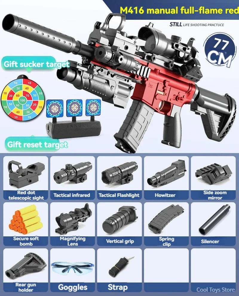 M416 manual full-flame red automatic soft bullet gun with various tactical attachments and accessories
