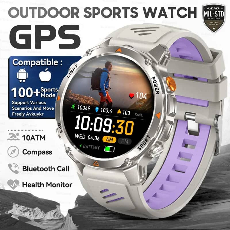 Outdoor smart gps watch in silver with health monitor and Bluetooth call feature