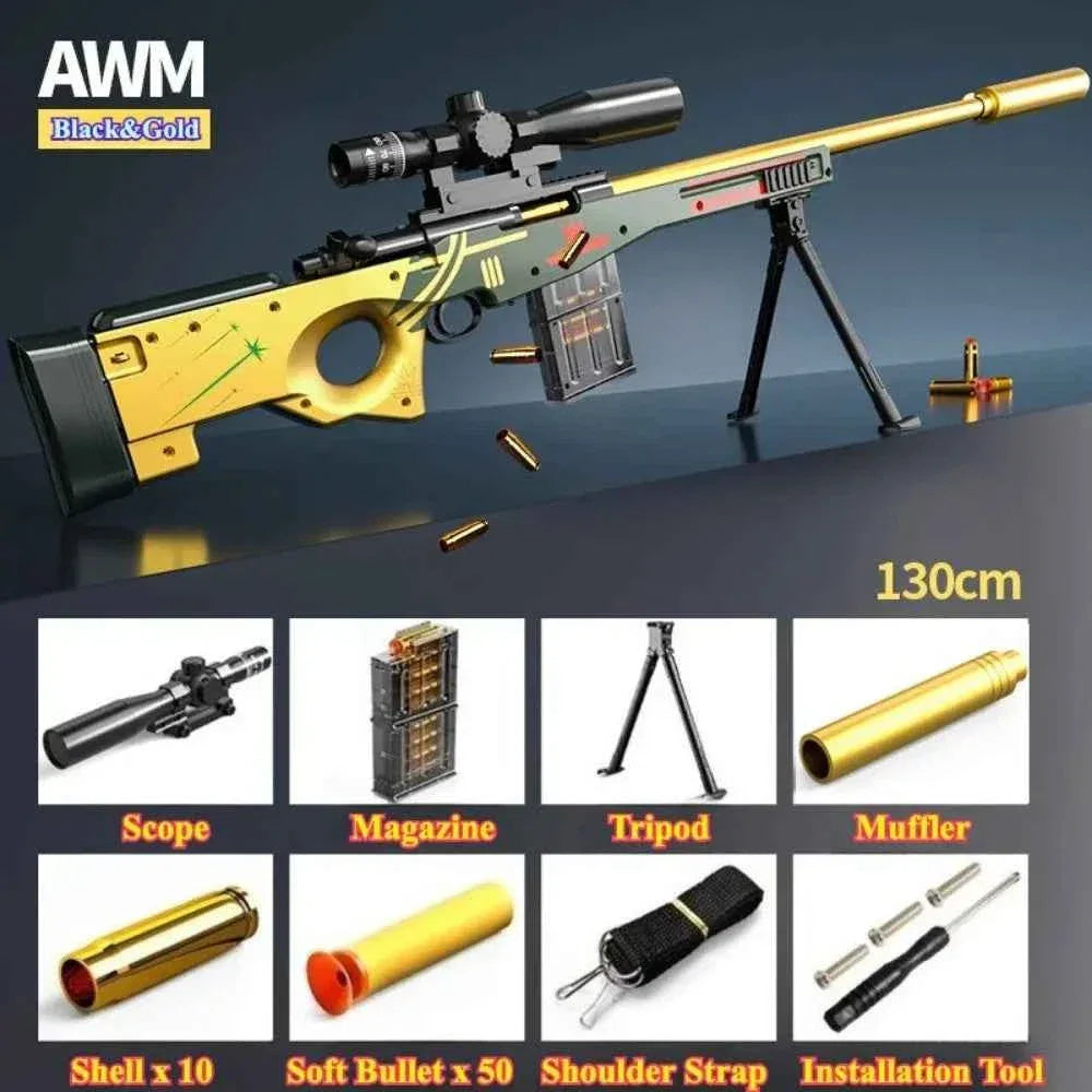 Military-Outdoors soft bullet sniper rifle toy in black and gold with accessories for fun target practice
