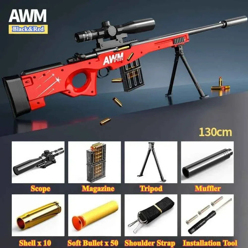 AWM Black and Red Soft Bullet Sniper Rifle Toy with Scope and Accessories