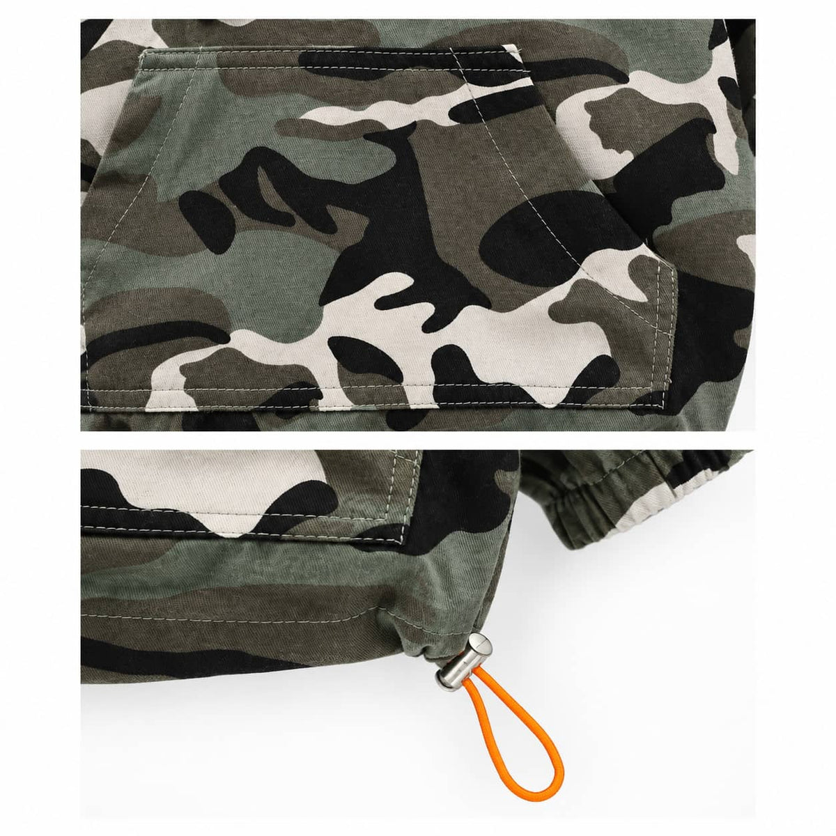 Camouflage hoodie pocket and adjustable orange hem cord details