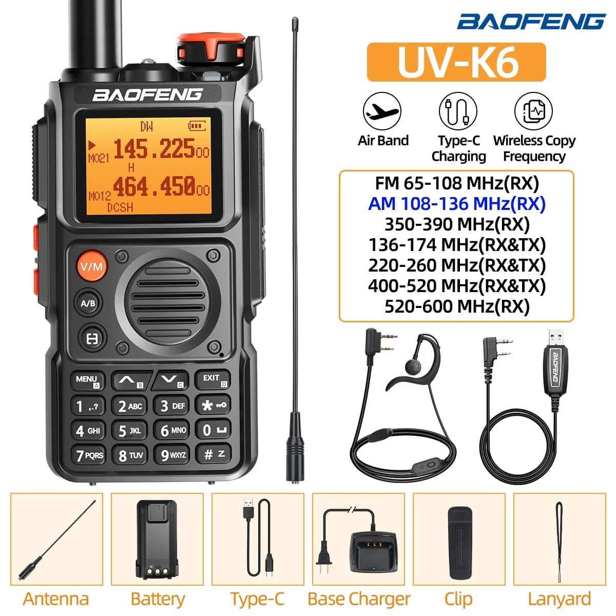 Baofeng K6 walkie talkie with LCD screen and multiple frequency options