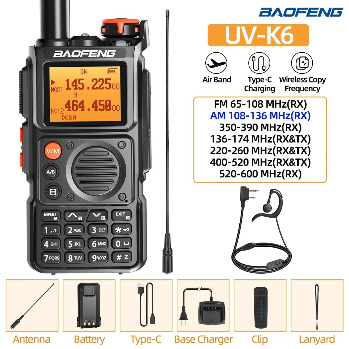 Baofeng K6 Walkie Talkie with rechargeable battery and versatile frequency options