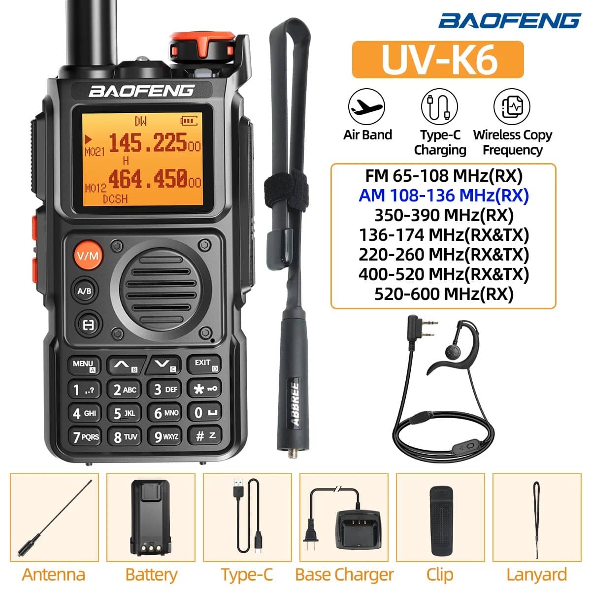 Baofeng K6 Walkie Talkie with Air Band and Wireless Copy Feature