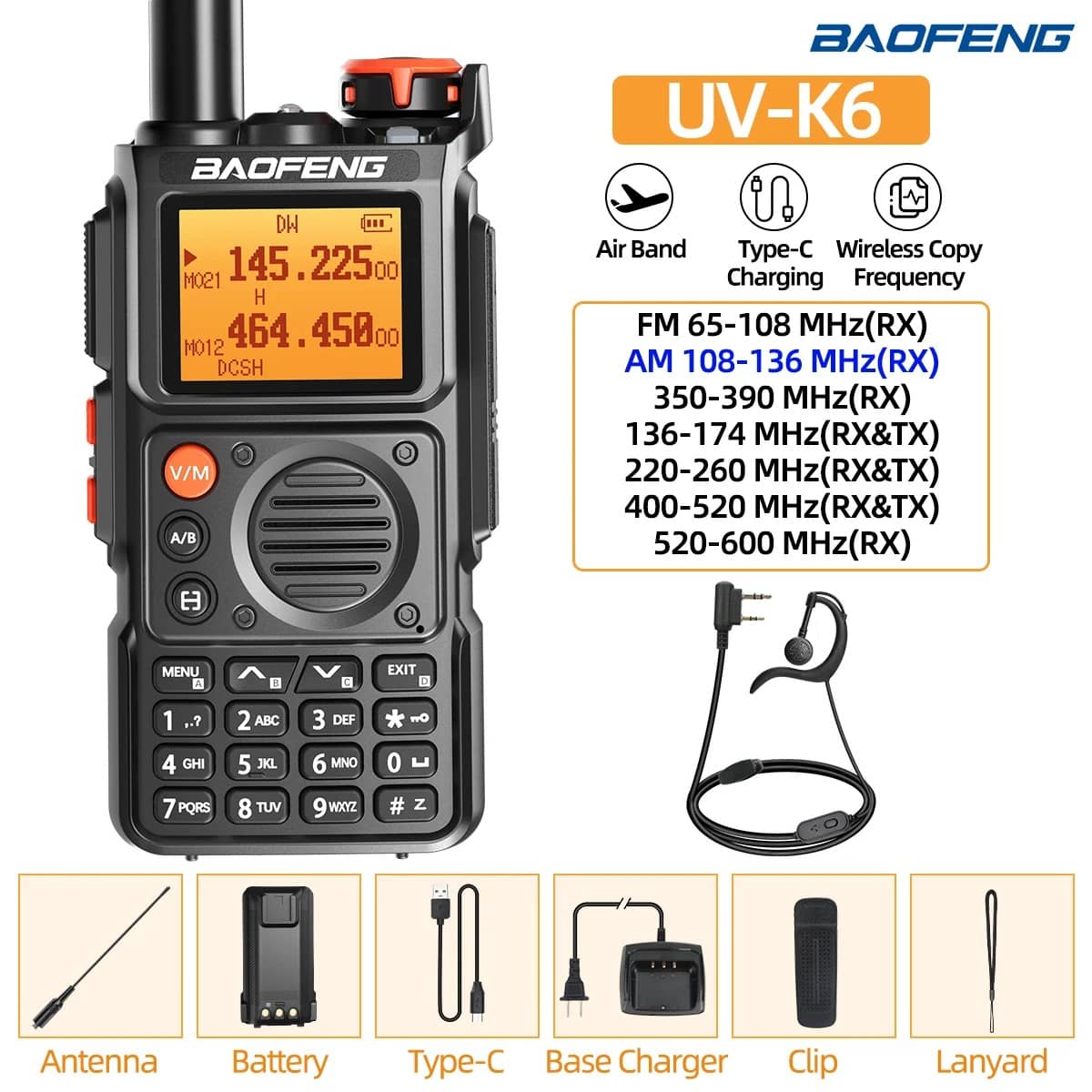 Baofeng K6 walkie talkie with Type-C charging and air band feature