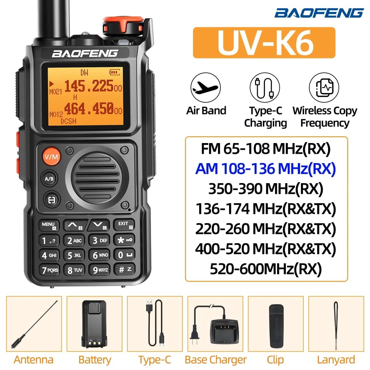 Baofeng K6 walkie talkie with clear display and multiple frequency bands for outdoor communication