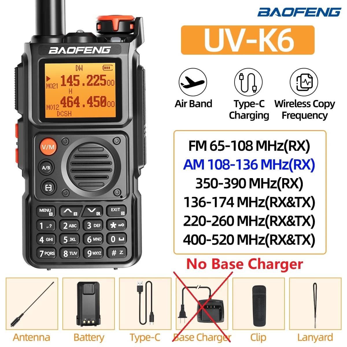 Baofeng K6 walkie talkie in black with dual band and type-C charging